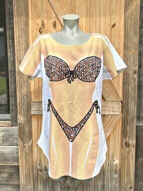 Vintage My Bikini LA Imprints Leopard Print Beach T-Shirt Swim Suit Cover Up~OS